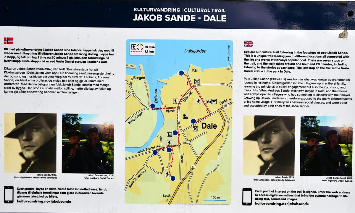 Bjergelandet Båthavn - Dale: {"base": "no", "no": "Diktaren Jakob Sande kjem fr\u00e5 Dale", "se": "Diktaren Jakob Sande kommer fr\u00e5n Dale", "en": "The poet Jakob Sande comes from Dale", "da": "Digteren Jakob Sande kommer fra Dale"}