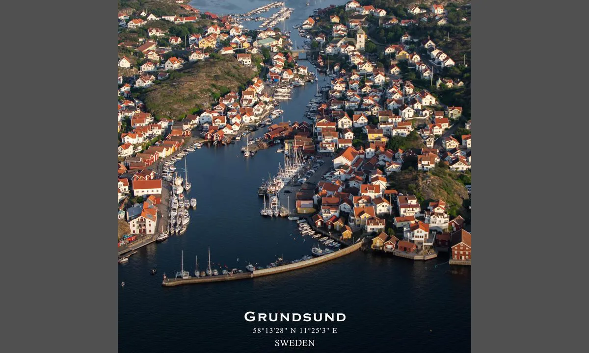 Aerial photo of Grundsund. Presented in cooperation with fotoflyg.se. You can order this as a framed print on their website (link below). Use code "harbourmaps" to get a 10% rebate