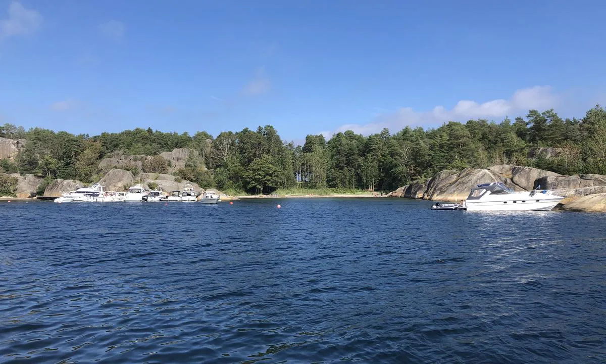 Båter fortøyd med dregg mot land og brygge i Håkavika.