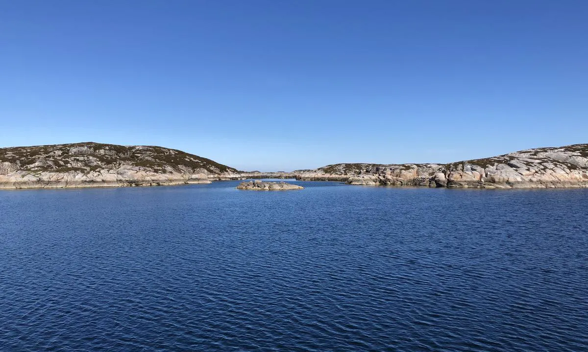 Utsikt nordover fra ankringsplassen ved Høgøya. Holmene er typiske for Sula: Lave, «knudrete» svaberg med en del steinpartier og kort lyng på toppen. Utsikten er ganske lik dette i de fleste retninger.