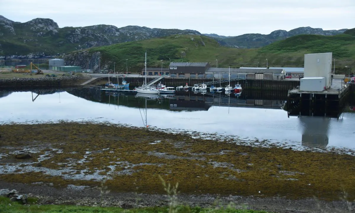 Kinlochbervie Harbour: Flytebrygge midt på bildet er gjestekai.