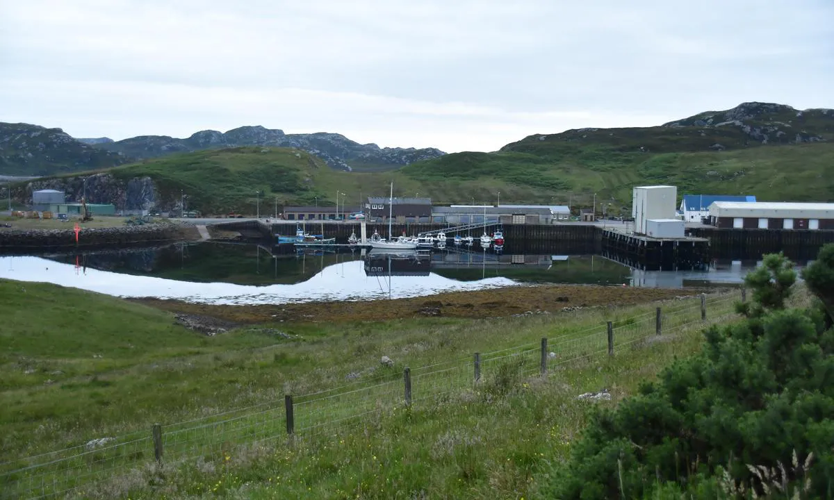 Kinlochbervie Harbour: Fiskemottak  til høgre i bildet