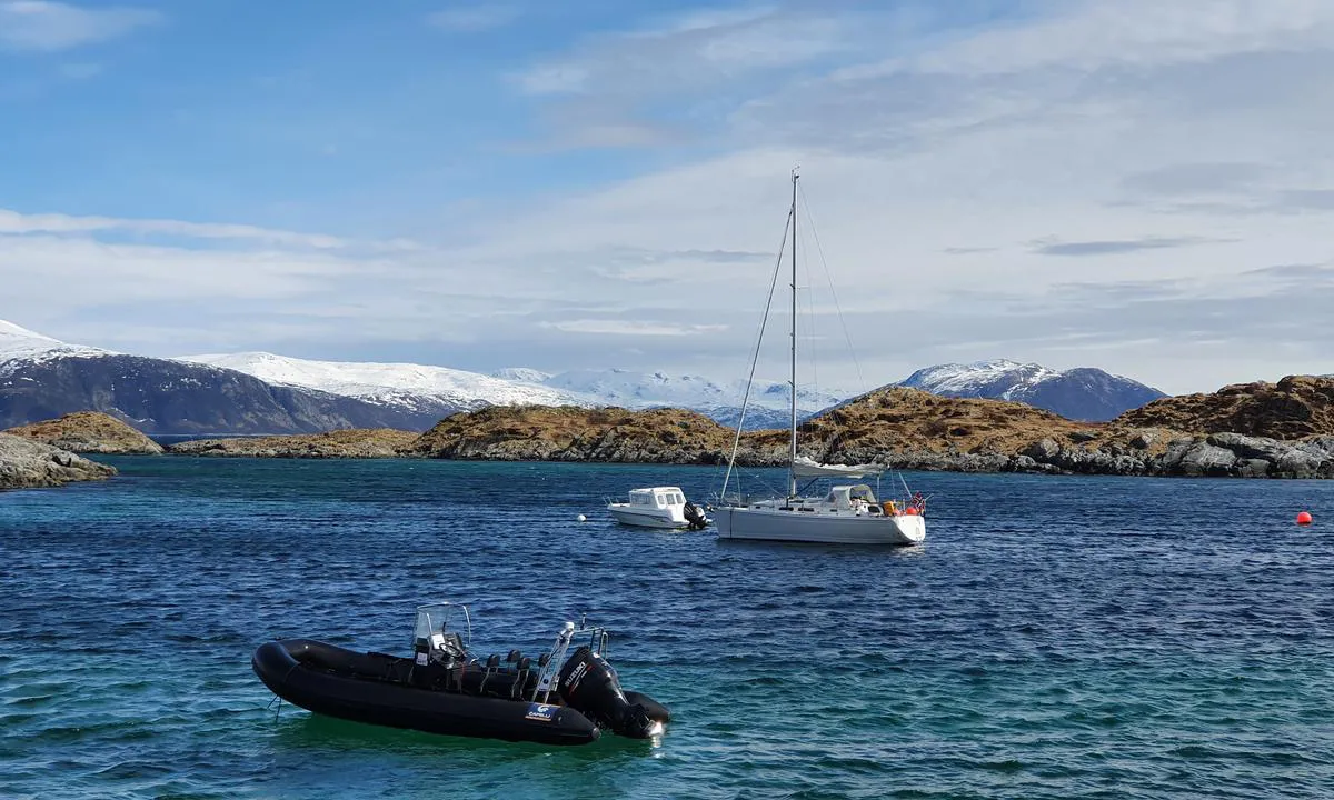 Lyngøy: mange private bøyer, ankring lengre ut i sandbunn.