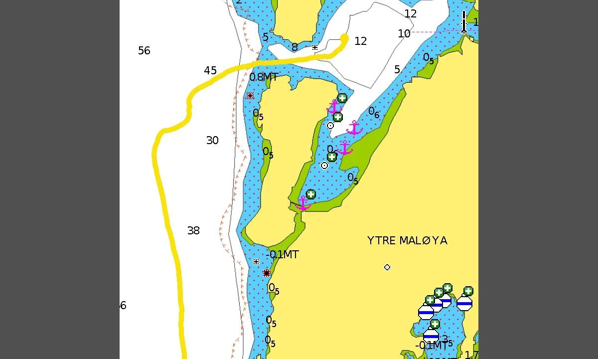 Maløyene: Trygg innseiling fra vest også for dyptgående båter. Hit går badebåten fra Grimstad flere ganger daglig. Kort jolletur til Grimstad. Flott padleterreng og badeplasser fra land. Også mulighet for telting.