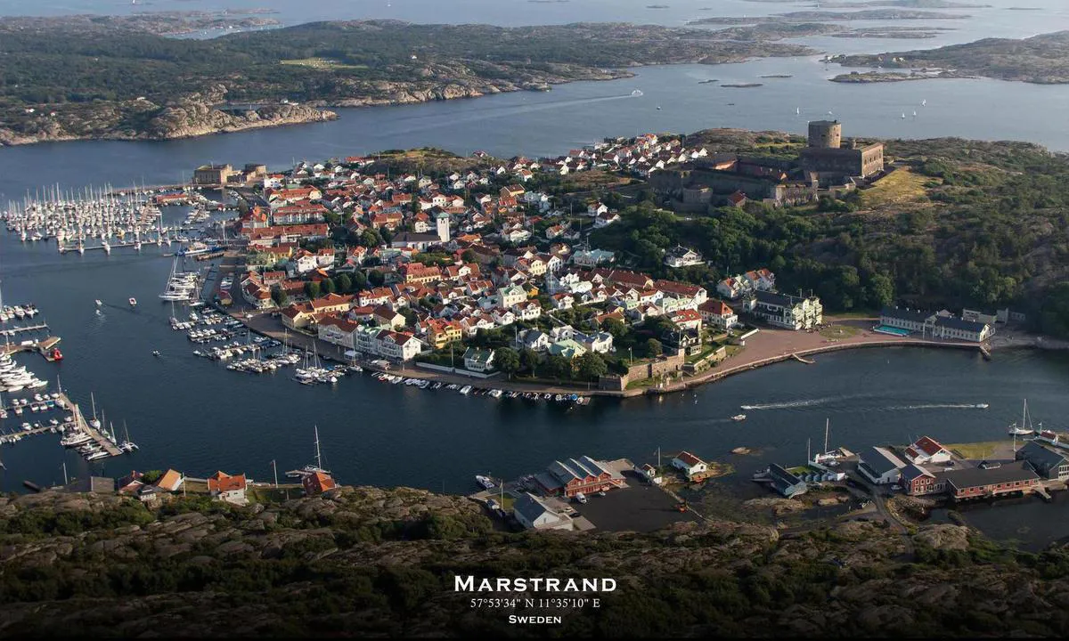 Aerial photo of Marstrand. Presented in cooperation with fotoflyg.se. You can order this as a framed print on their website (link below). Use code "harbourmaps" to get a 10% rebate