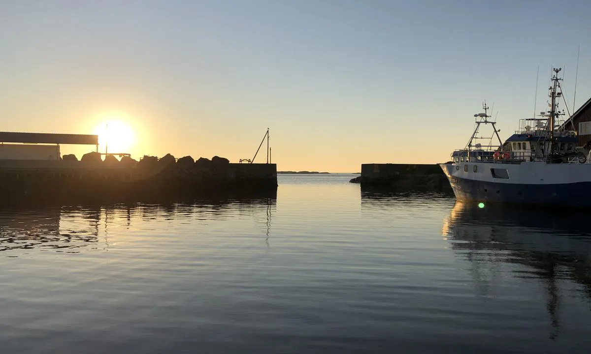 Mausund havn beskyttes i nord av en molo med smal åpning. Når du kommer fra utsiden virker den nesten som en dør inn i havna. Bildet er tatt gra gjestebrygga.