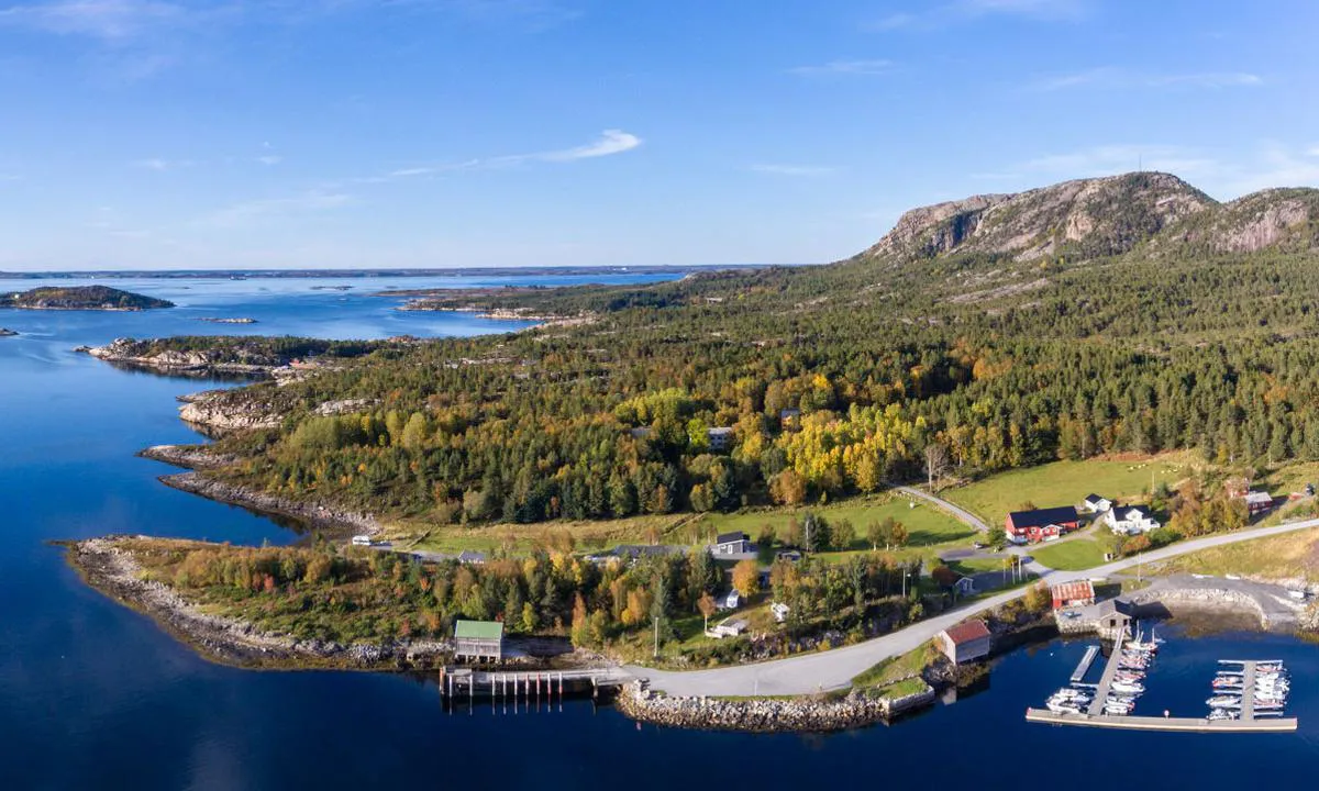 Nothaugen Fiskecamping: Her ser du havna (ca mot nordvest) mot Trondheimsleia og Edøya i bakgrunnen.
Vakkert område og mange tumuligheter.