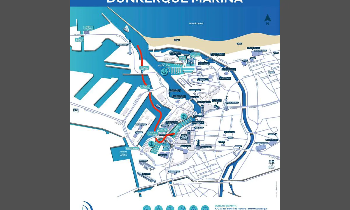 Port du Bassin de la Marine: How to get there. (Map from https://www.dunkerque-marina.com/en/the-advantages-of-the-marina/marinas-and-services).