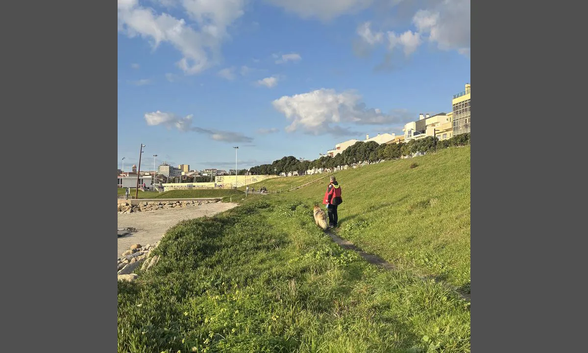 Povoa De Varzim Marina: Vägen till gästmarinan från kontoret och servicebyggnaden går förbi lilla stranden och skateparken nedanför bilvägen