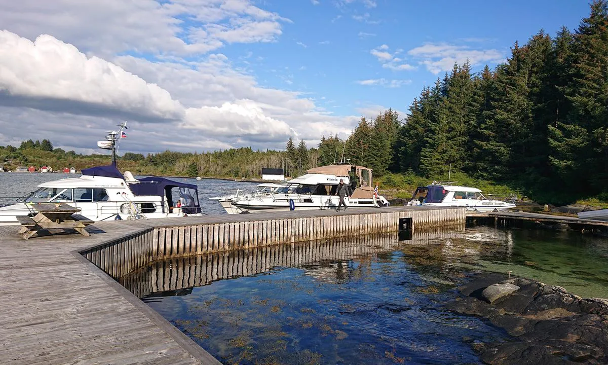 Skageneset: Trekai, grindabygg med bålplass. Fin badefjære bak kaien.