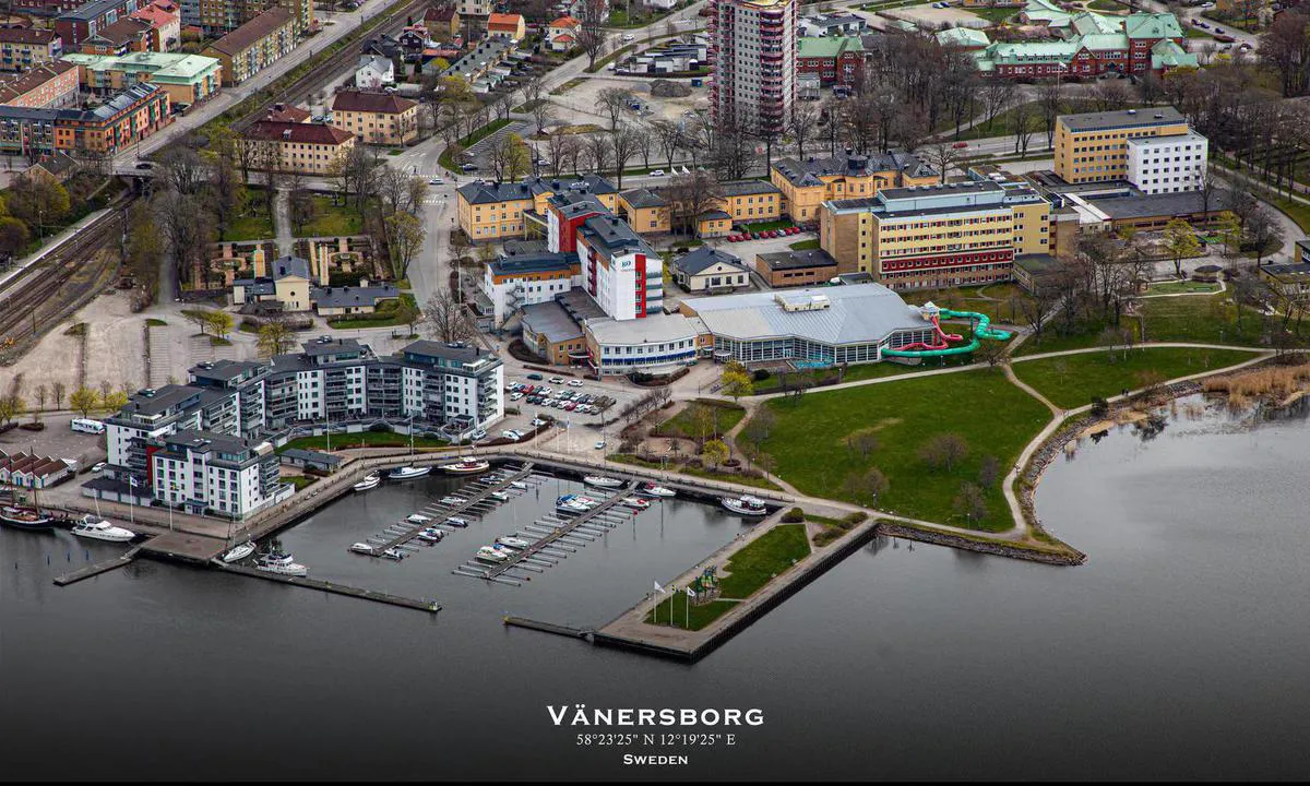 Aerial photo of Vänersborg. Presented in cooperation with fotoflyg.se. You can order this as a framed print on their website (link below). Use code "harbourmaps" to get a 10% rebate