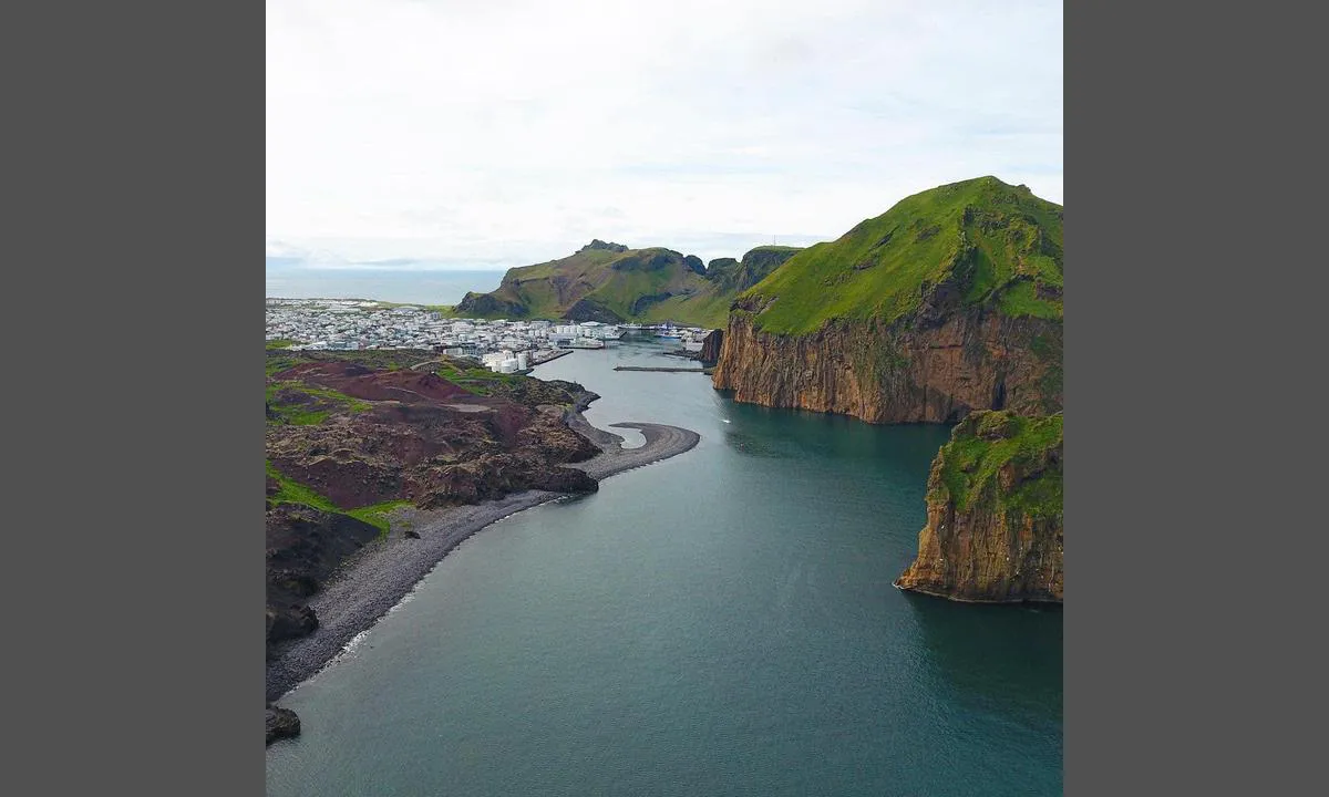 Drone photo of the entrance to Vestmannaeyjar.