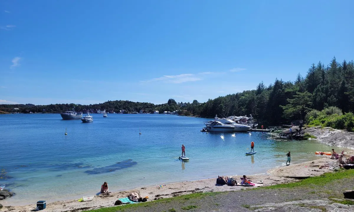 Vorlandsvågen: Viser stranda med flytebrygge til høyre i bildet, og to bøyer ved båtene til venstre i bildet.